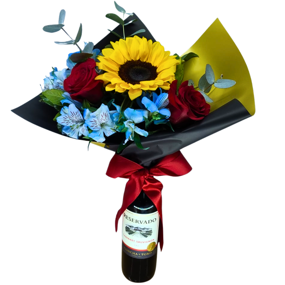 Rosas e Girassol com Vinho