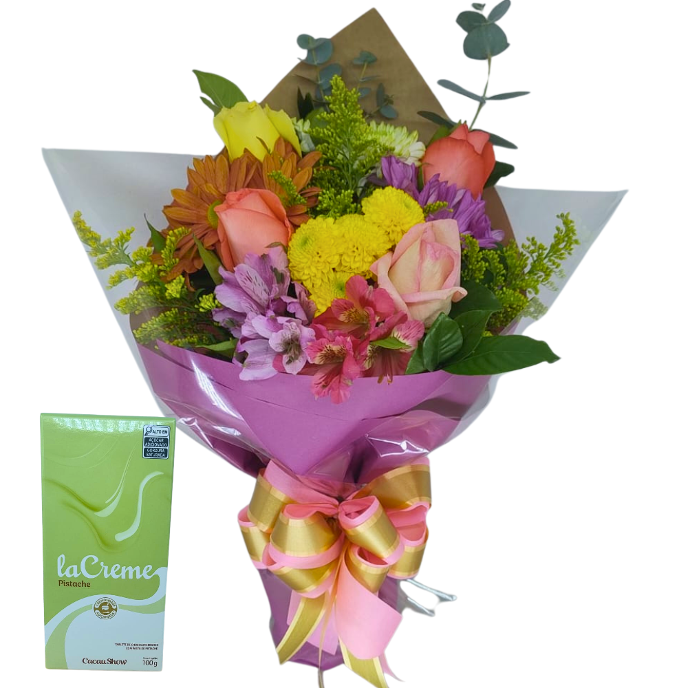 Buqu� M�dio - Rosas e Flores do Campo Com Chocolate Cacau Show