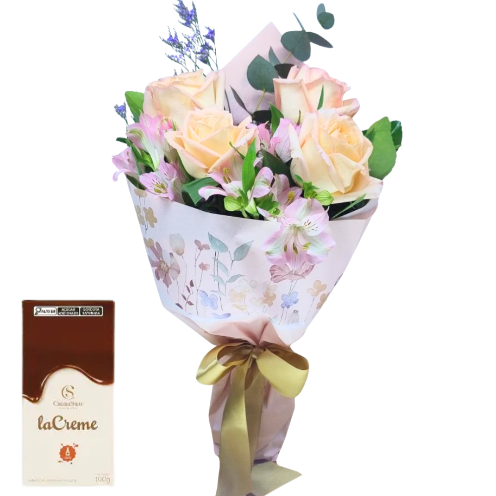 Buqu� de 4 Rosas Rosadas e Astrom�lias Chocolate Cacau Show