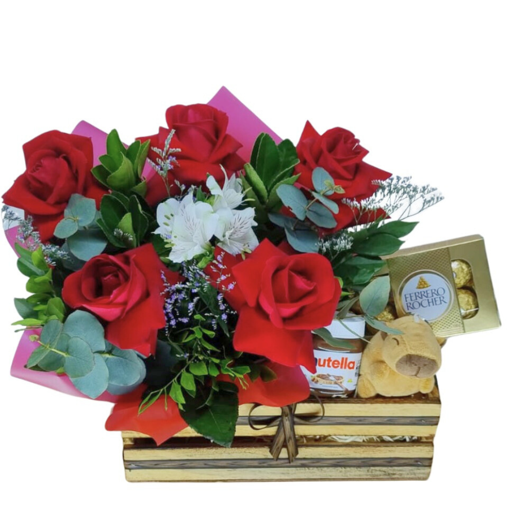 Cesta com Rosas Vermelhas Chocolates e Chaveiro Capivara