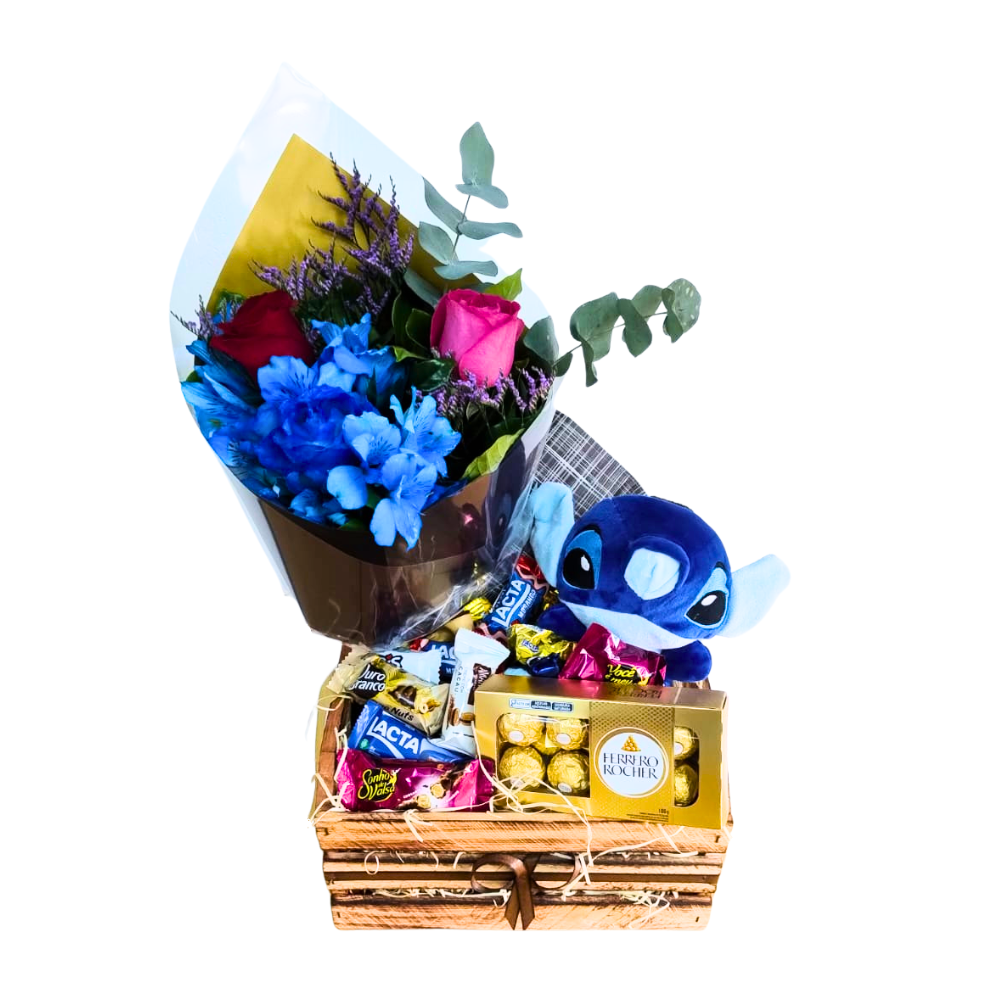 Cesta de Chocolate - Com rosas, astrom�lias azuis e Stitch