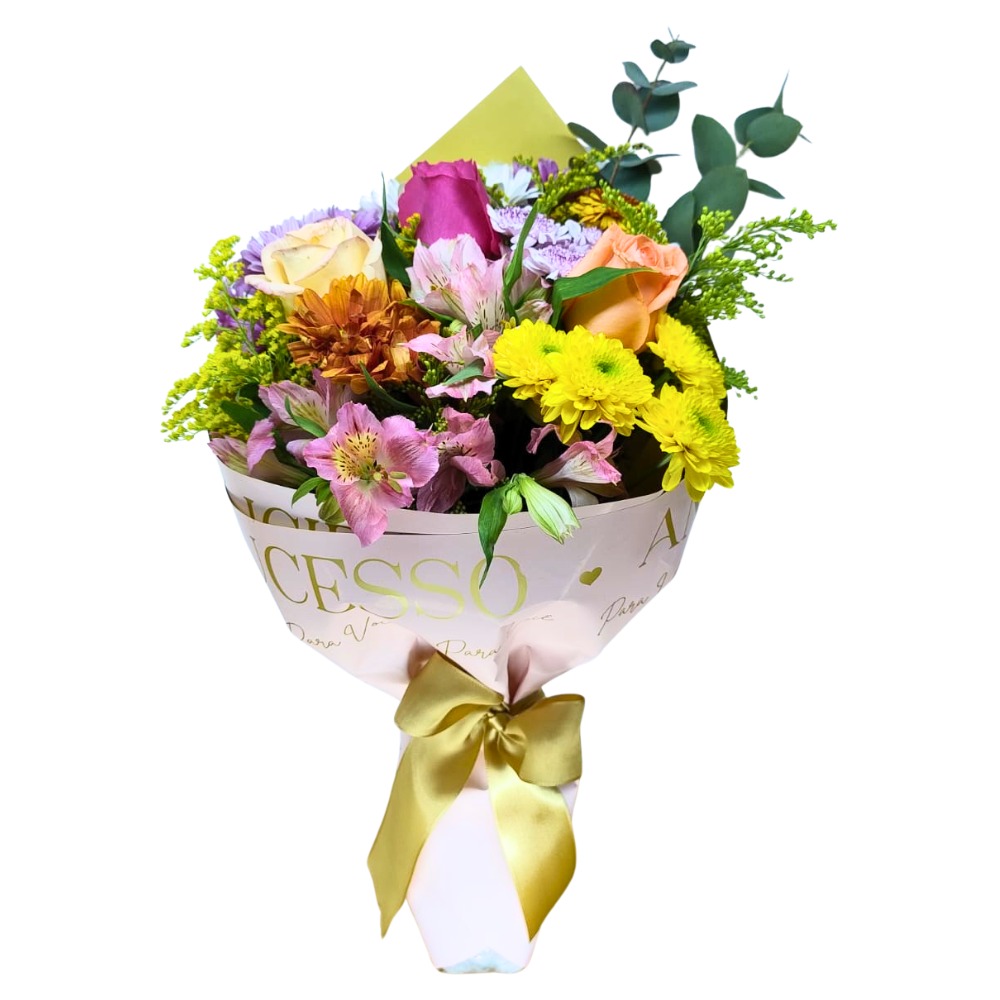 Buqu� Medio - 3 Rosas e Flores do Campo