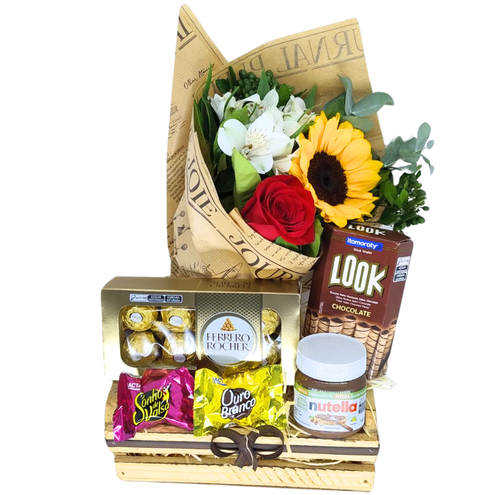 Cesta de Chocolate - Com rosa e Girassol