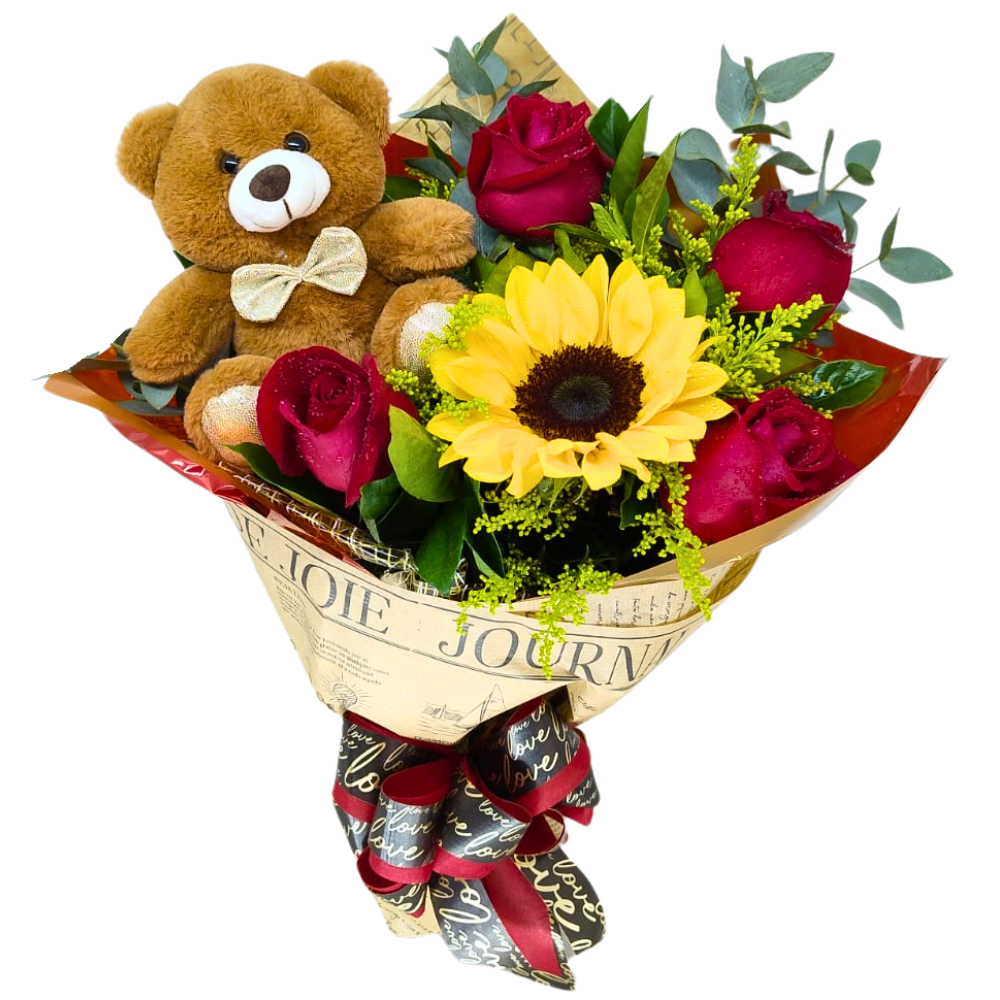 Buqu� 4 Rosas - Girassol - Pelucia