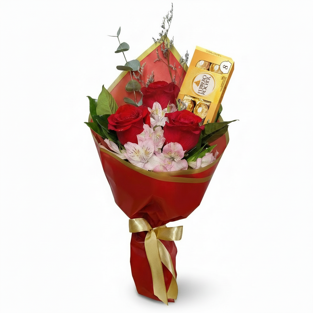 Buqu� Pequeno - 3 Rosas Vermelhas e Ferrero Rocher