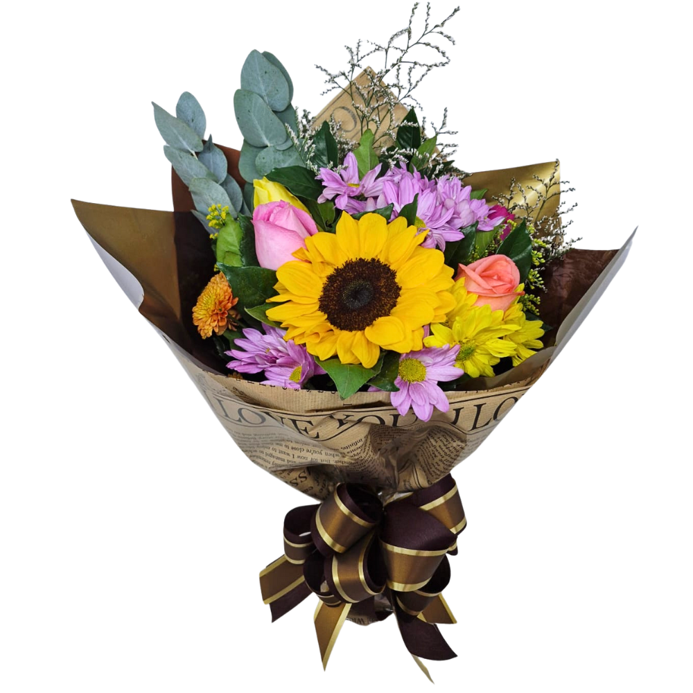 Buqu� 3 Rosas Coloridas e Girasol