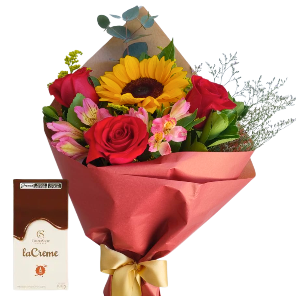 Buqu� 3 Rosas e Girassol - Chocolate Cacau Show