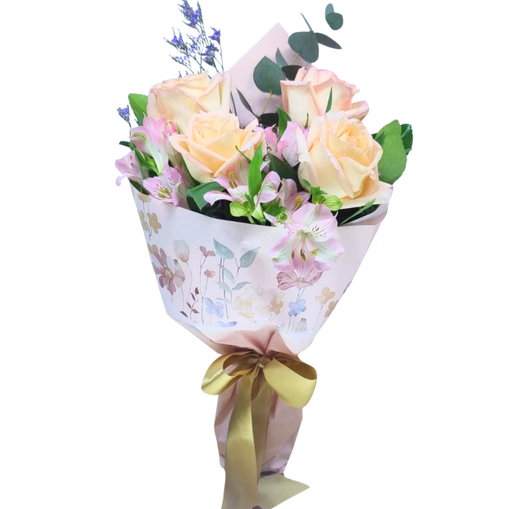 Buqu� de 4 Rosas Rosadas e Astrom�lias